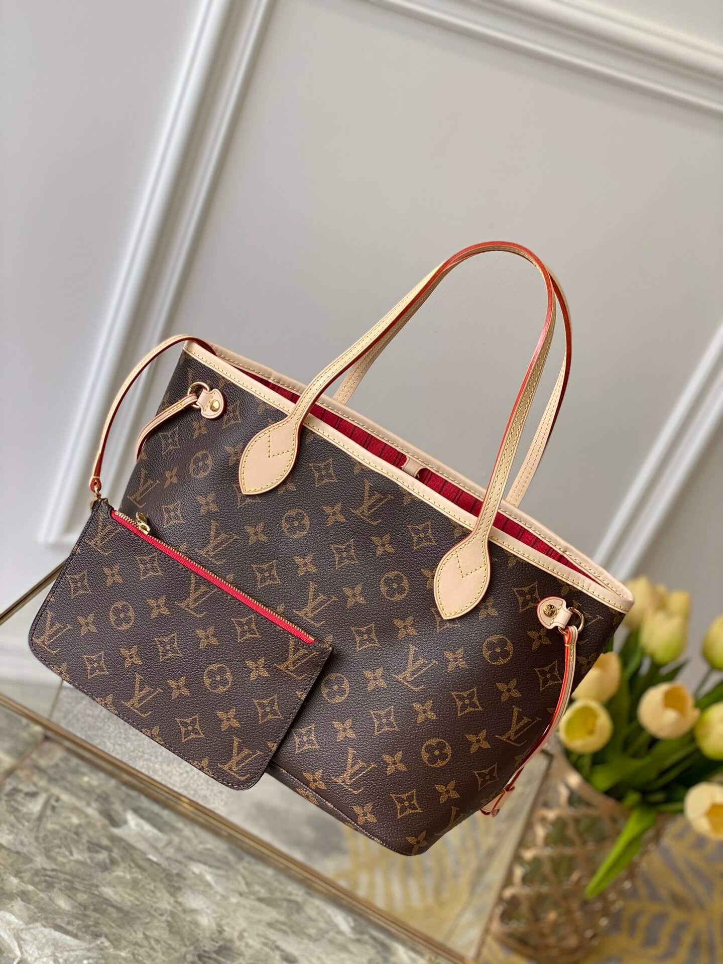 M41245 Neverfull PM Monogram Canvas Red inside subaxillary bag Handbag