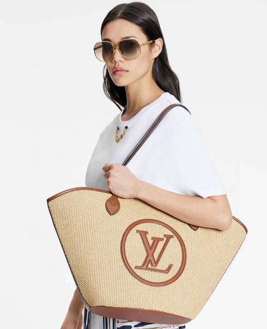 M59963 M59808 Brown Plain Leather Logo Straw Bags 2022 SS free shipping