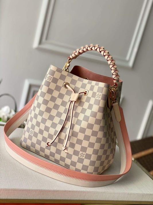 N40344 Neonoe BB Damier Azur bucket bag white real leather trim