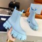 PRADA MONOLITH BRUSHED LEATHER BOOTIES BLUE