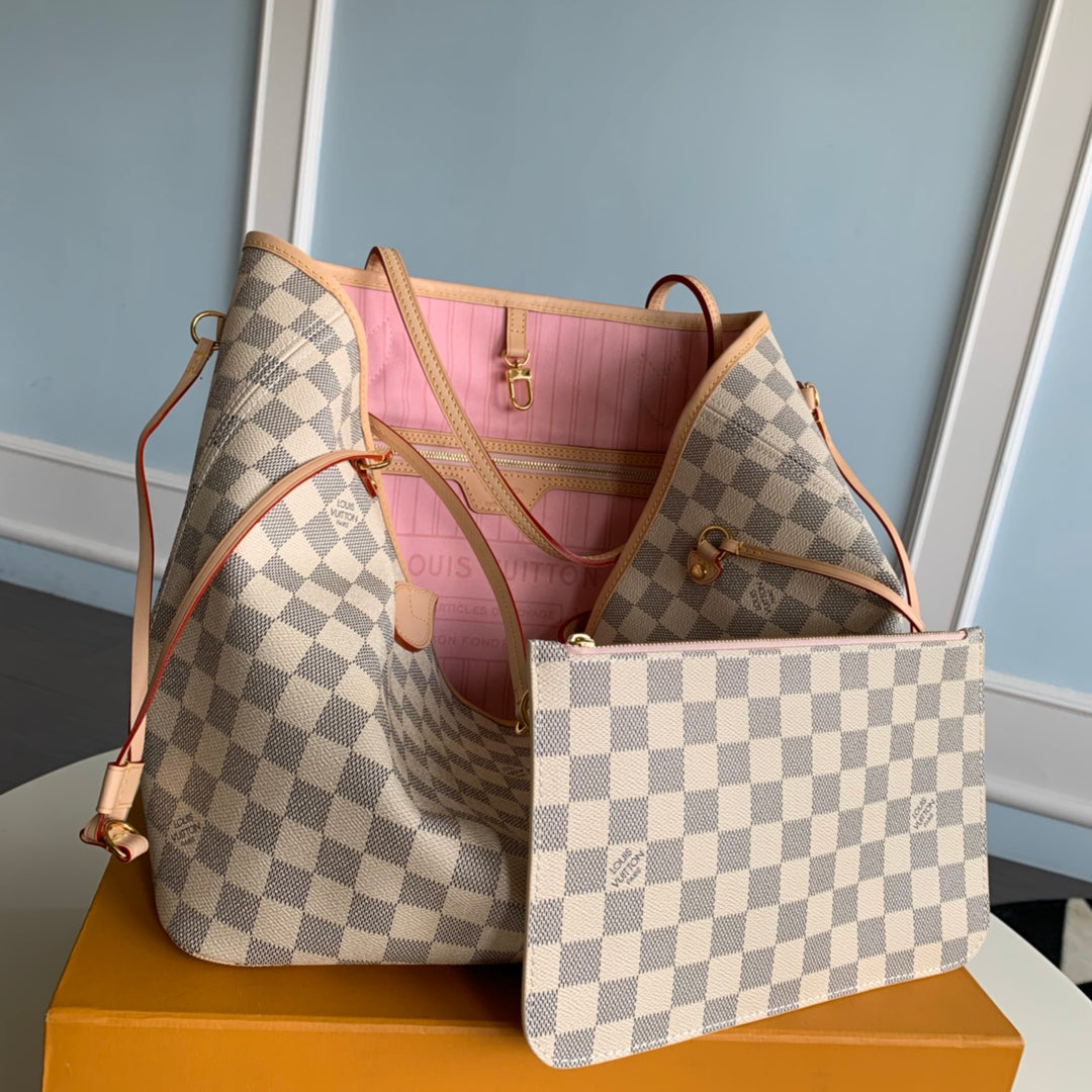 Neverfull N41605 MM Damier Azur Bag N41361 white Pink inside