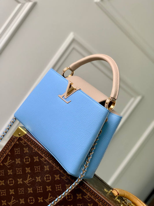 M21689 Capucines MM Handbag 31cm blue Silk texture cowhide